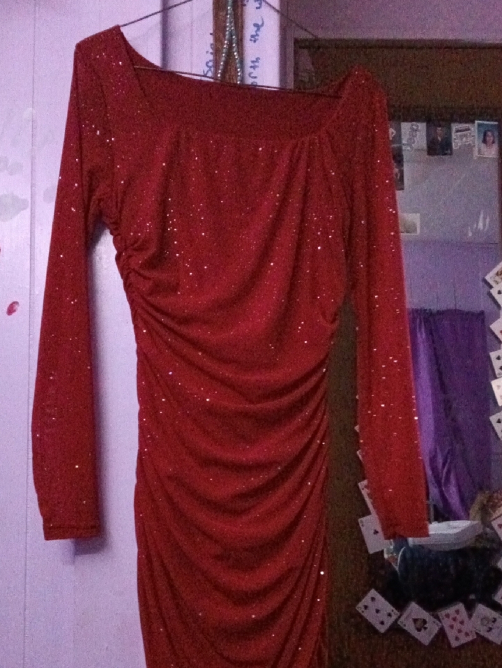 Red Sparkle Ruched Long Sleeve Dress